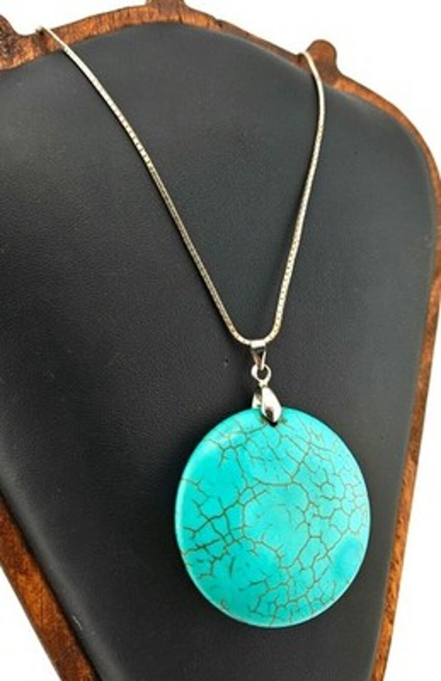 Vintage 925 Sterling Silver Italy Box Chain 19" Turquoise Disc Pendant 25g Total